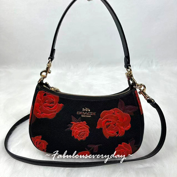 Coach Handbags - Coach Teri Shoulder/Crossbody Bag With Floral Print Leather CCE28 Black/Red NWT